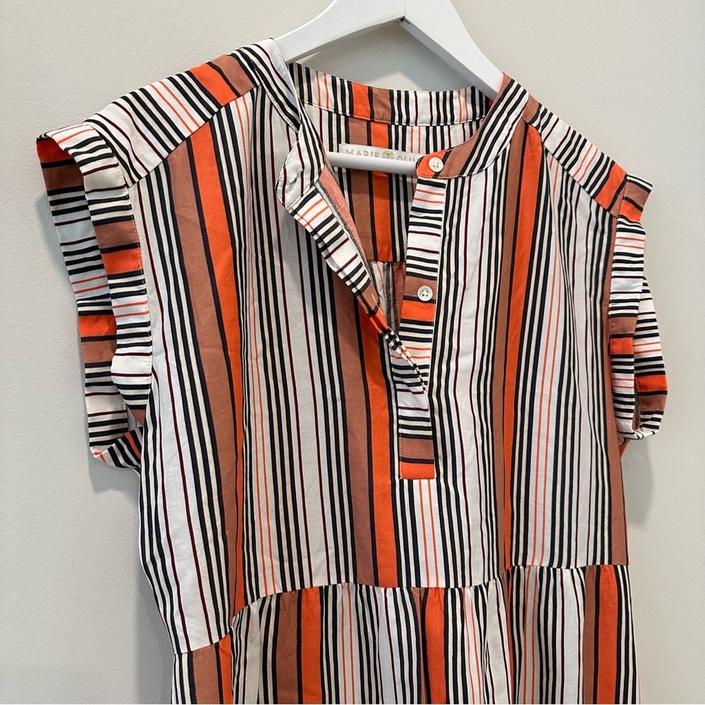 Marie Oliver Lachlan Silk Cotton Tiered Mini Dress Rust Orange Stripe Short - Picture 3 of 10
